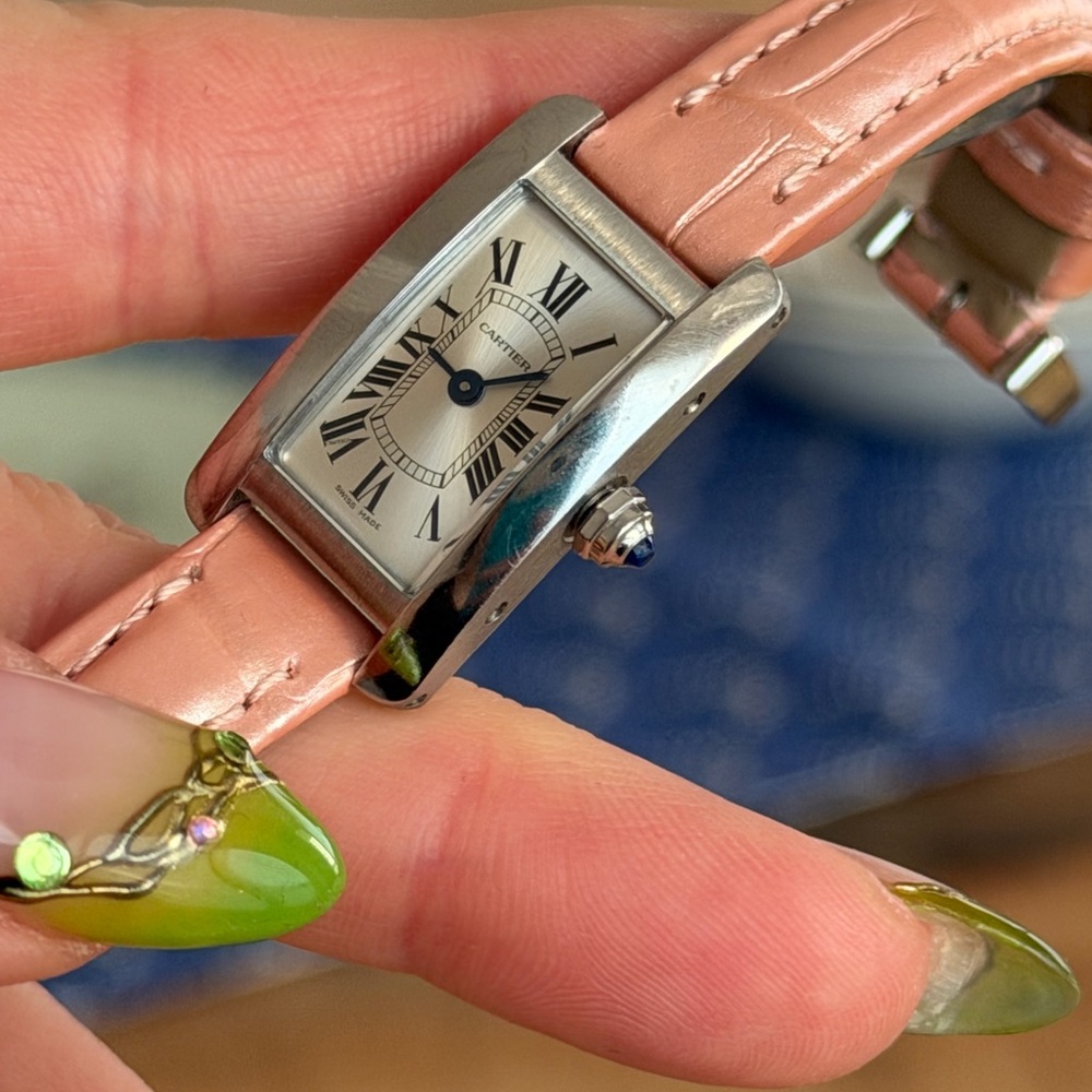 Pink Leather Strap Rectangular Silver-Tone Watch - image 4